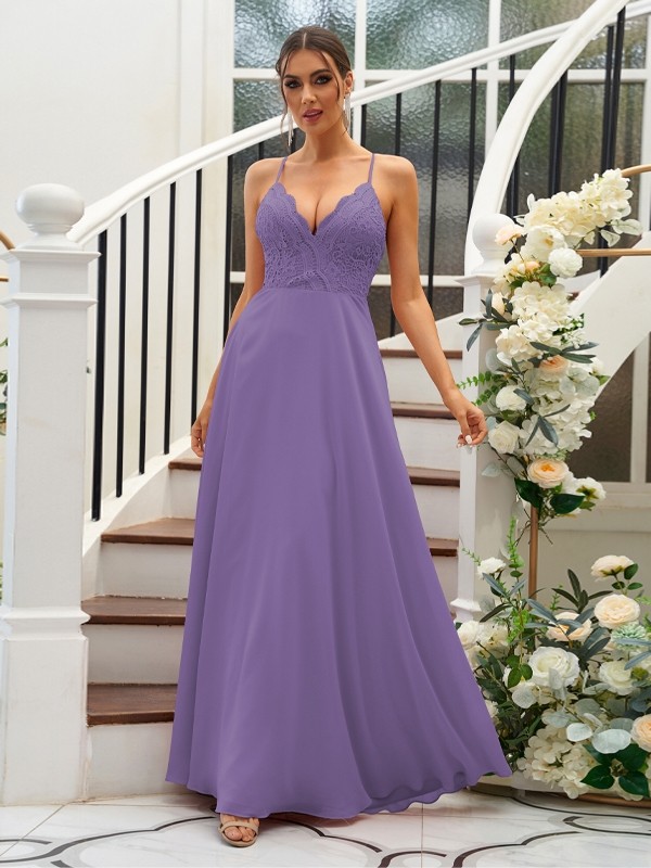 A-Line/Princess Chiffon Lace V-neck Sleeveless Floor-Length Bridesmaid Dresses 2153