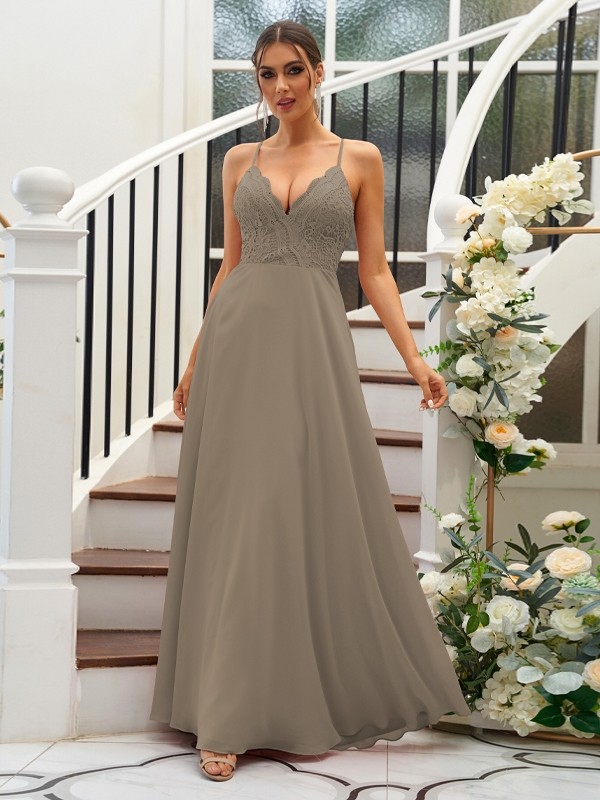 A-Line/Princess Chiffon Lace V-neck Sleeveless Floor-Length Bridesmaid Dresses 2153