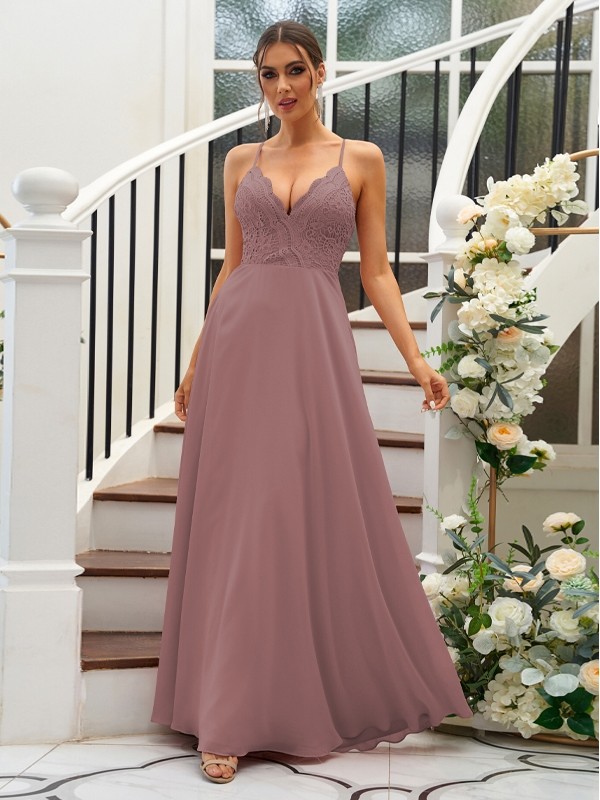 A-Line/Princess Chiffon Lace V-neck Sleeveless Floor-Length Bridesmaid Dresses 2153