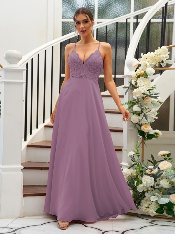 A-Line/Princess Chiffon Lace V-neck Sleeveless Floor-Length Bridesmaid Dresses 2153