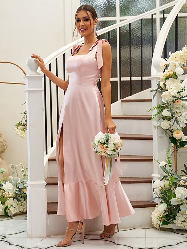 A-Line/Princess Silk like Satin Ruffles Straps Sleeveless Ankle-Length Bridesmaid Dresses 2486