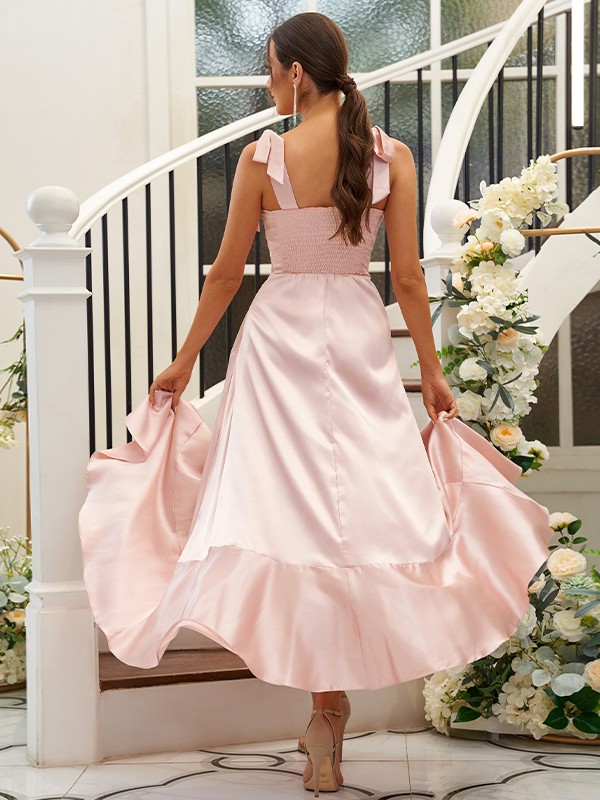 A-Line/Princess Silk like Satin Ruffles Straps Sleeveless Ankle-Length Bridesmaid Dresses 2486