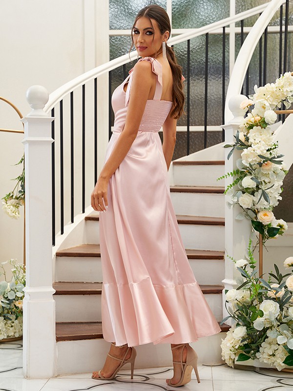 A-Line/Princess Silk like Satin Ruffles Straps Sleeveless Ankle-Length Bridesmaid Dresses 2486