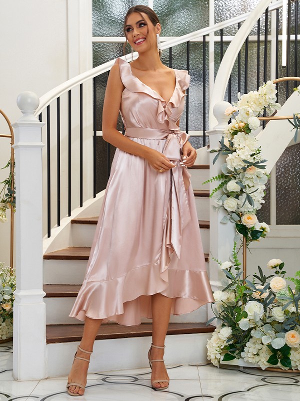 A-Line/Princess Silk like Satin Ruffles V-neck Sleeveless Tea-Length Bridesmaid Dresses 2496