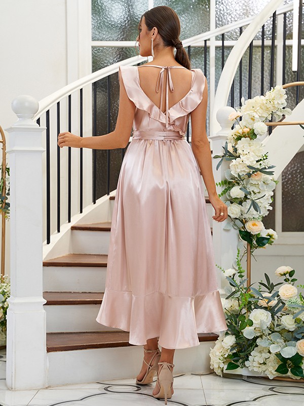 A-Line/Princess Silk like Satin Ruffles V-neck Sleeveless Tea-Length Bridesmaid Dresses 2496