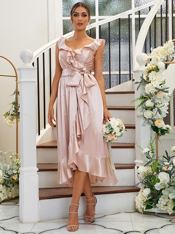 A-Line/Princess Silk like Satin Ruffles V-neck Sleeveless Tea-Length Bridesmaid Dresses 2496