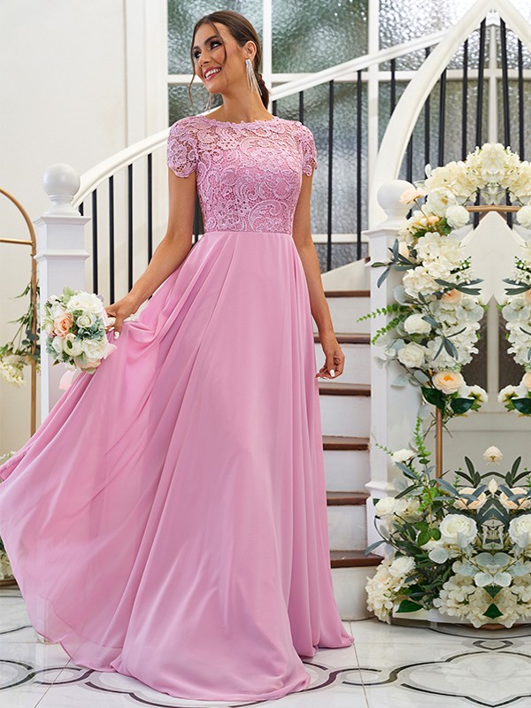 A-Line/Princess Chiffon Lace Scoop Short Sleeves Floor-Length Bridesmaid Dresses 2144