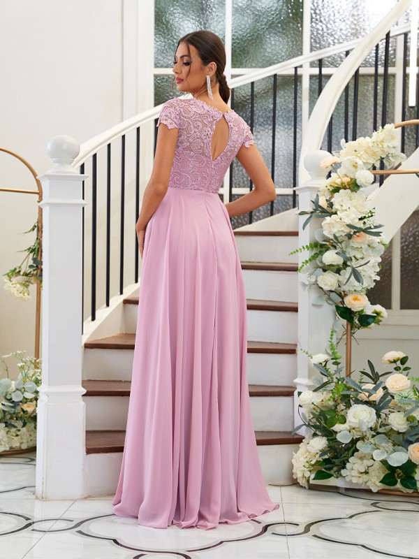 A-Line/Princess Chiffon Lace Scoop Short Sleeves Floor-Length Bridesmaid Dresses 2144