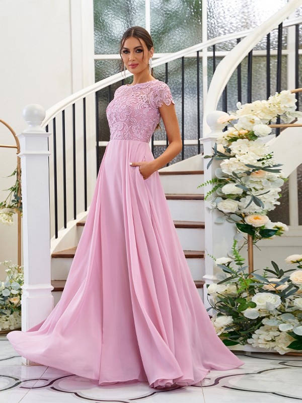 A-Line/Princess Chiffon Lace Scoop Short Sleeves Floor-Length Bridesmaid Dresses 2144