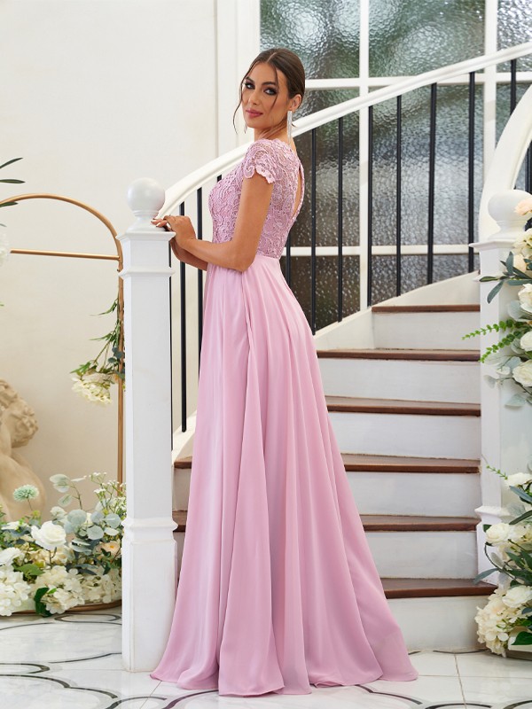 A-Line/Princess Chiffon Lace Scoop Short Sleeves Floor-Length Bridesmaid Dresses 2144