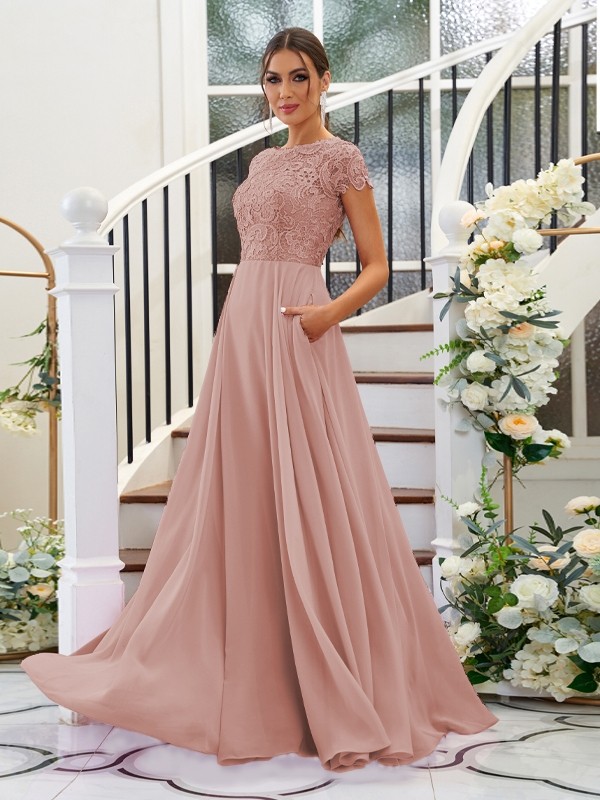 A-Line/Princess Chiffon Lace Scoop Short Sleeves Floor-Length Bridesmaid Dresses 2144