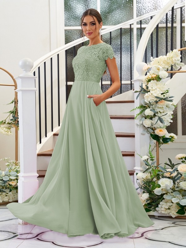 A-Line/Princess Chiffon Lace Scoop Short Sleeves Floor-Length Bridesmaid Dresses 2144