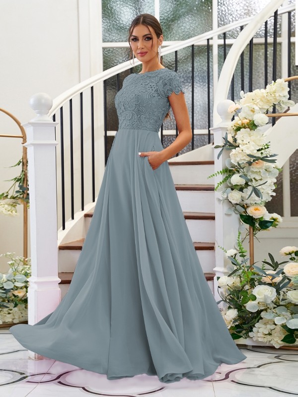 A-Line/Princess Chiffon Lace Scoop Short Sleeves Floor-Length Bridesmaid Dresses 2144