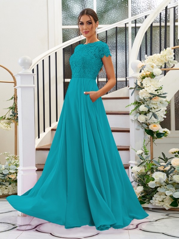 A-Line/Princess Chiffon Lace Scoop Short Sleeves Floor-Length Bridesmaid Dresses 2144