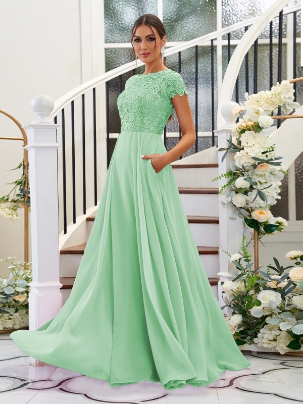 A-Line/Princess Chiffon Lace Scoop Short Sleeves Floor-Length Bridesmaid Dresses 2144