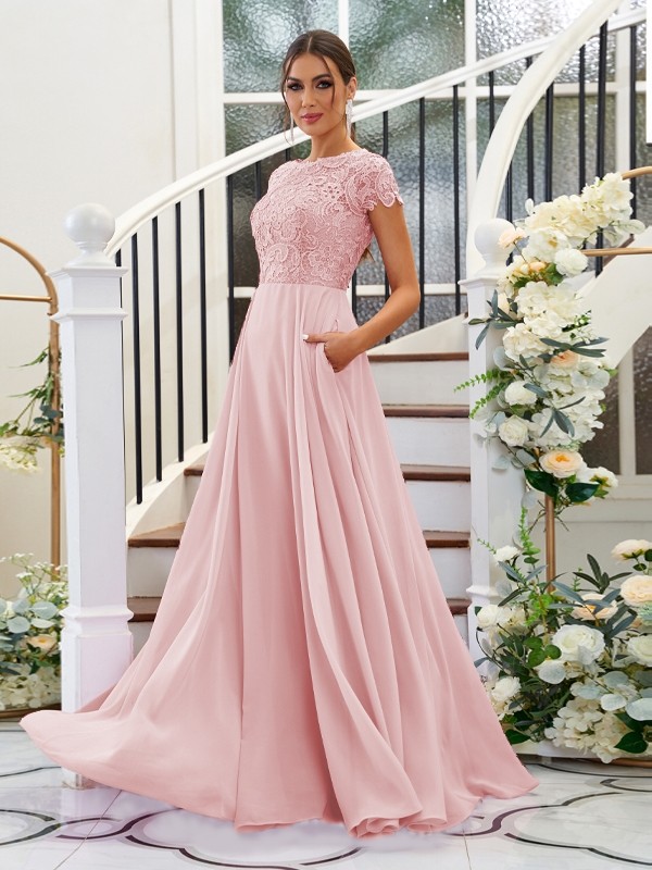 A-Line/Princess Chiffon Lace Scoop Short Sleeves Floor-Length Bridesmaid Dresses 2144