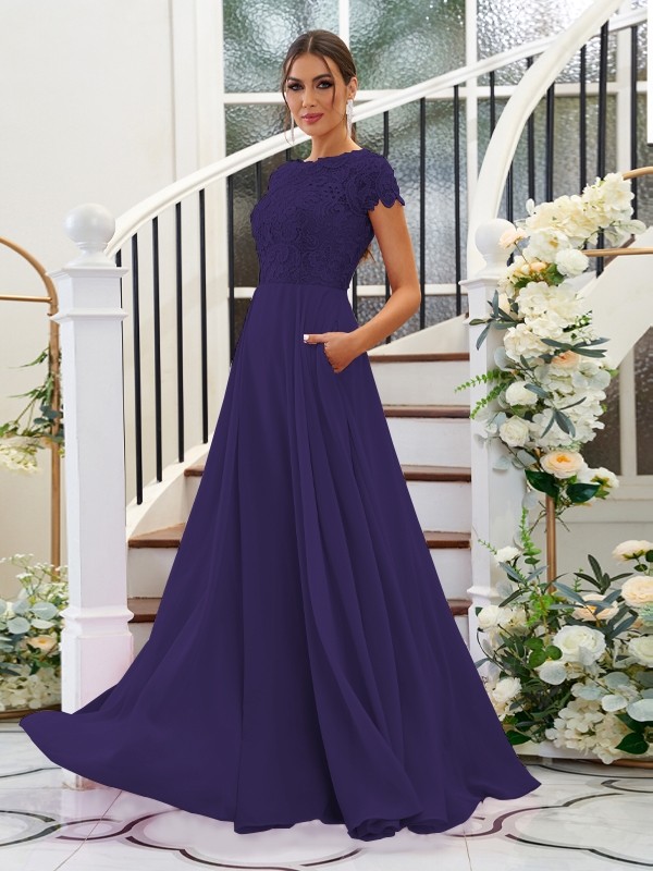 A-Line/Princess Chiffon Lace Scoop Short Sleeves Floor-Length Bridesmaid Dresses 2144