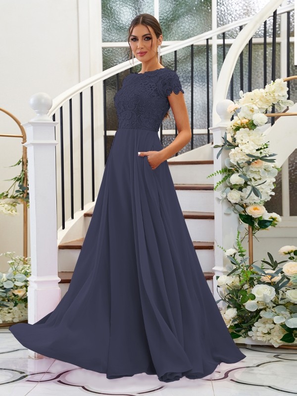 A-Line/Princess Chiffon Lace Scoop Short Sleeves Floor-Length Bridesmaid Dresses 2144