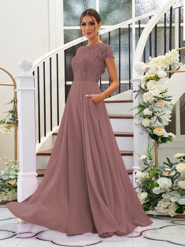 A-Line/Princess Chiffon Lace Scoop Short Sleeves Floor-Length Bridesmaid Dresses 2144