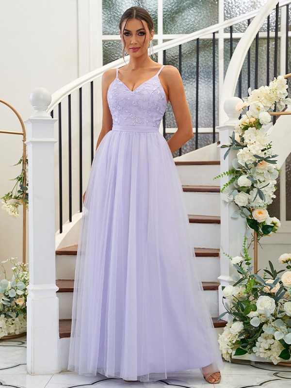 A-Line/Princess Tulle Applique V-neck Sleeveless Floor-Length Bridesmaid Dresses 2758