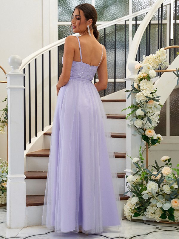 A-Line/Princess Tulle Applique V-neck Sleeveless Floor-Length Bridesmaid Dresses 2758