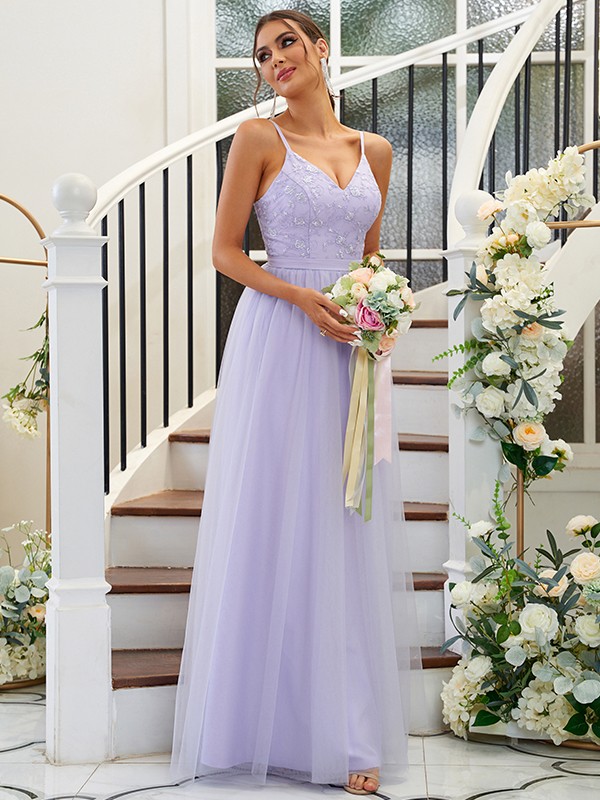 A-Line/Princess Tulle Applique V-neck Sleeveless Floor-Length Bridesmaid Dresses 2758