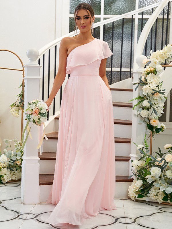 A-Line/Princess Chiffon Ruffles One-Shoulder Sleeveless Floor-Length Bridesmaid Dresses 2205