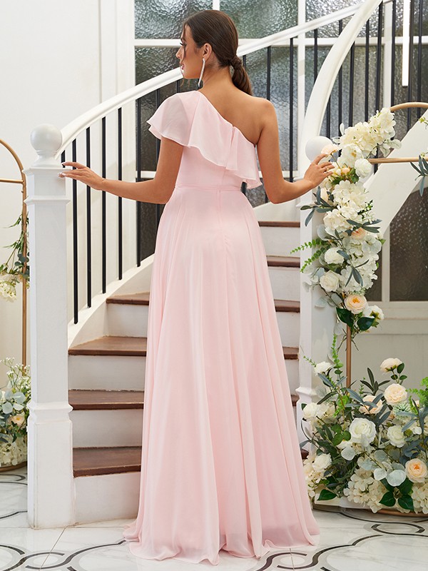 A-Line/Princess Chiffon Ruffles One-Shoulder Sleeveless Floor-Length Bridesmaid Dresses 2205