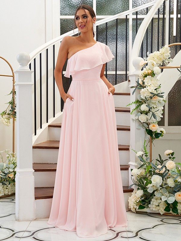 A-Line/Princess Chiffon Ruffles One-Shoulder Sleeveless Floor-Length Bridesmaid Dresses 2205