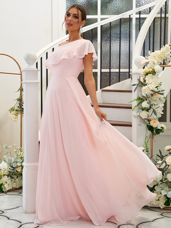 A-Line/Princess Chiffon Ruffles One-Shoulder Sleeveless Floor-Length Bridesmaid Dresses 2205