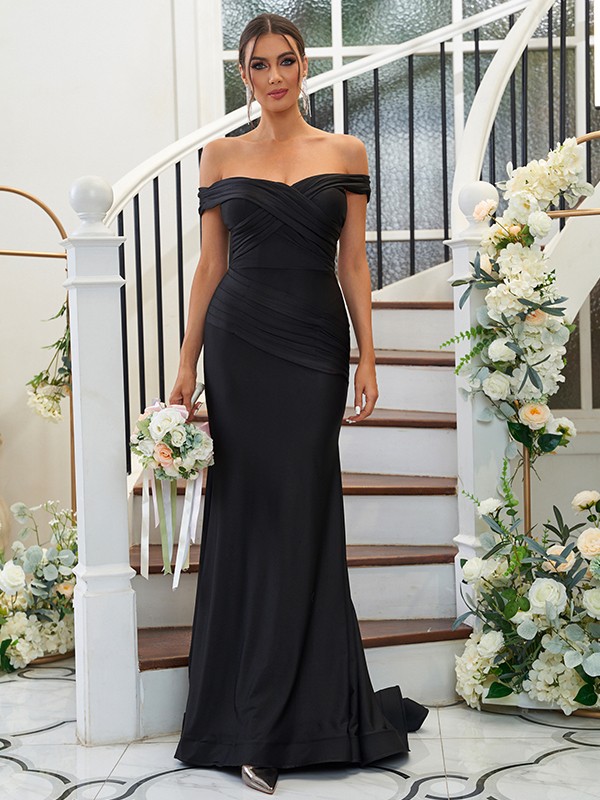 Sheath/Column Jersey Ruched Off-the-Shoulder Sleeveless Sweep/Brush Train Bridesmaid Dresses 2959