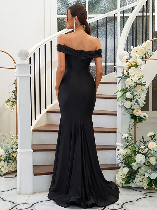 Sheath/Column Jersey Ruched Off-the-Shoulder Sleeveless Sweep/Brush Train Bridesmaid Dresses 2959