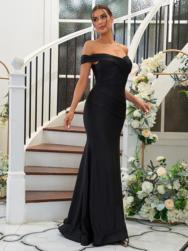 Sheath/Column Jersey Ruched Off-the-Shoulder Sleeveless Sweep/Brush Train Bridesmaid Dresses 2959