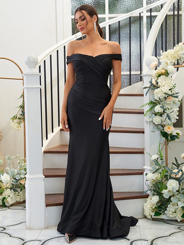 Sheath/Column Jersey Ruched Off-the-Shoulder Sleeveless Sweep/Brush Train Bridesmaid Dresses 2959