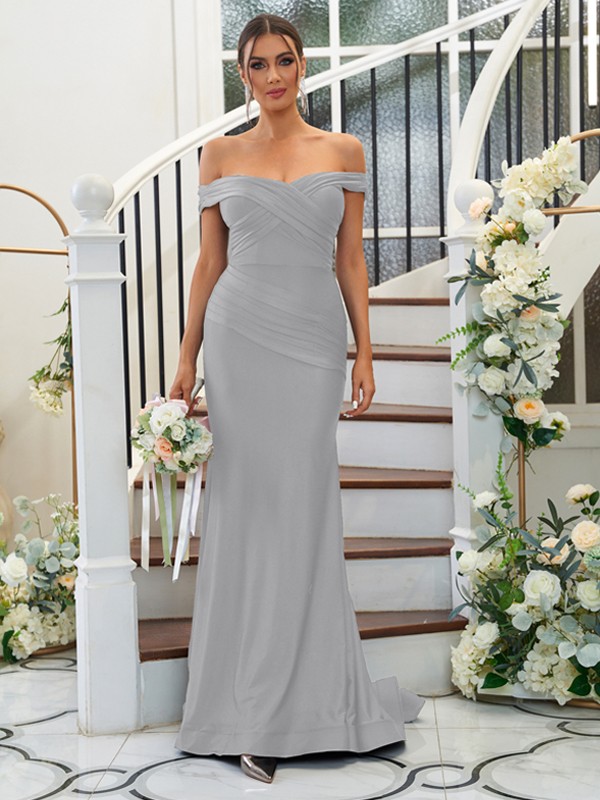 Sheath/Column Jersey Ruched Off-the-Shoulder Sleeveless Sweep/Brush Train Bridesmaid Dresses 2959