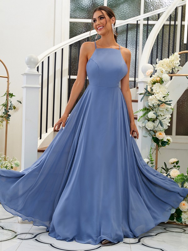 A-Line/Princess Chiffon Ruffles Halter Sleeveless Floor-Length Bridesmaid Dresses 2195