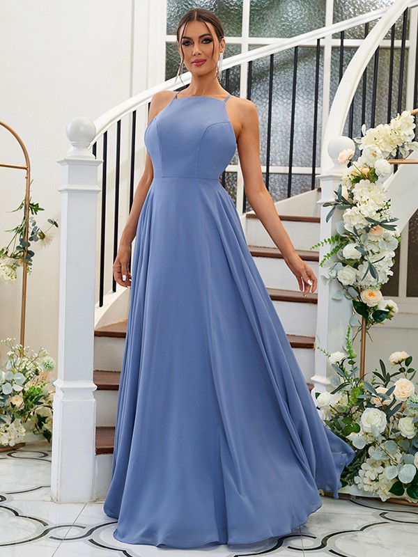 A-Line/Princess Chiffon Ruffles Halter Sleeveless Floor-Length Bridesmaid Dresses 2195