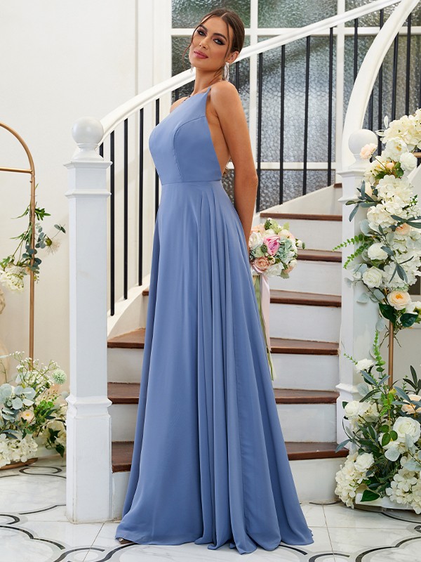 A-Line/Princess Chiffon Ruffles Halter Sleeveless Floor-Length Bridesmaid Dresses 2195