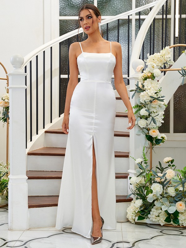 A-Line/Princess Silk like Satin Ruffles Spaghetti Straps Sleeveless Floor-Length Bridesmaid Dresses 2484