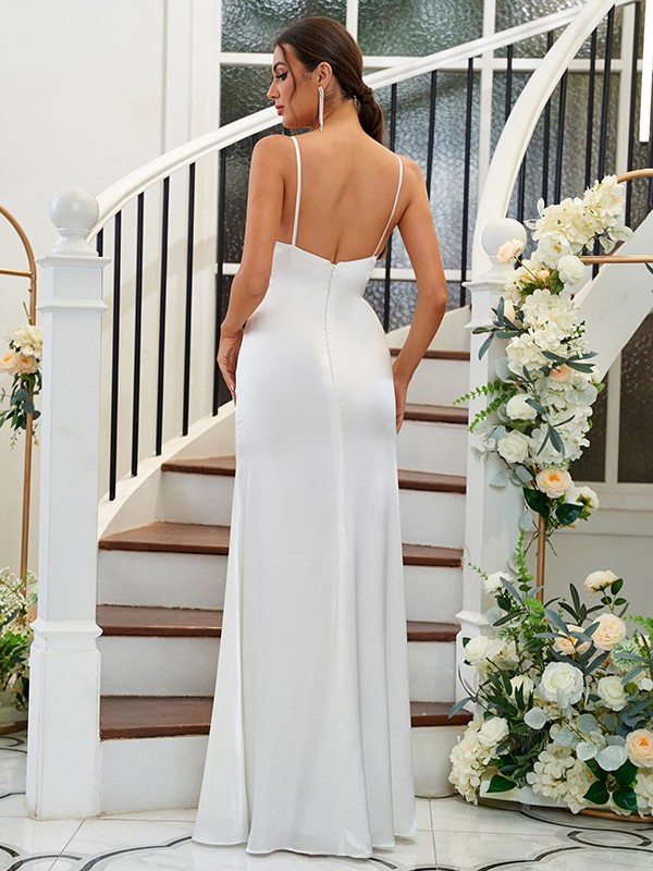 A-Line/Princess Silk like Satin Ruffles Spaghetti Straps Sleeveless Floor-Length Bridesmaid Dresses 2484