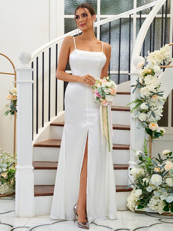 A-Line/Princess Silk like Satin Ruffles Spaghetti Straps Sleeveless Floor-Length Bridesmaid Dresses 2484