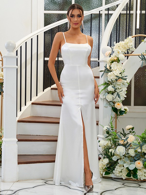 A-Line/Princess Silk like Satin Ruffles Spaghetti Straps Sleeveless Floor-Length Bridesmaid Dresses 2484