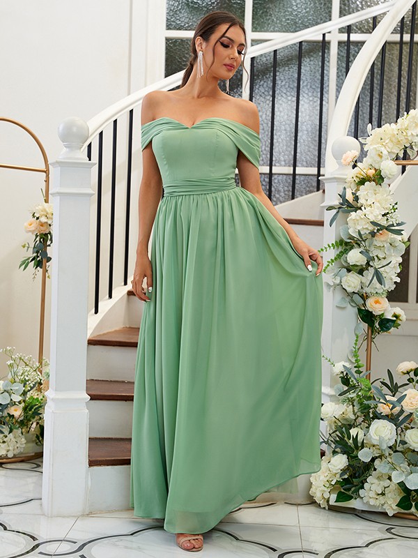 A-Line/Princess Chiffon Ruffles Off-the-Shoulder Sleeveless Floor-Length Bridesmaid Dresses 2200