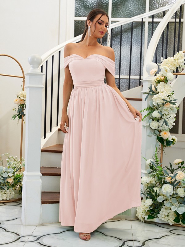 A-Line/Princess Chiffon Ruffles Off-the-Shoulder Sleeveless Floor-Length Bridesmaid Dresses 2200