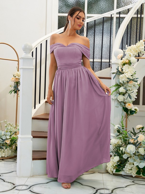 A-Line/Princess Chiffon Ruffles Off-the-Shoulder Sleeveless Floor-Length Bridesmaid Dresses 2200