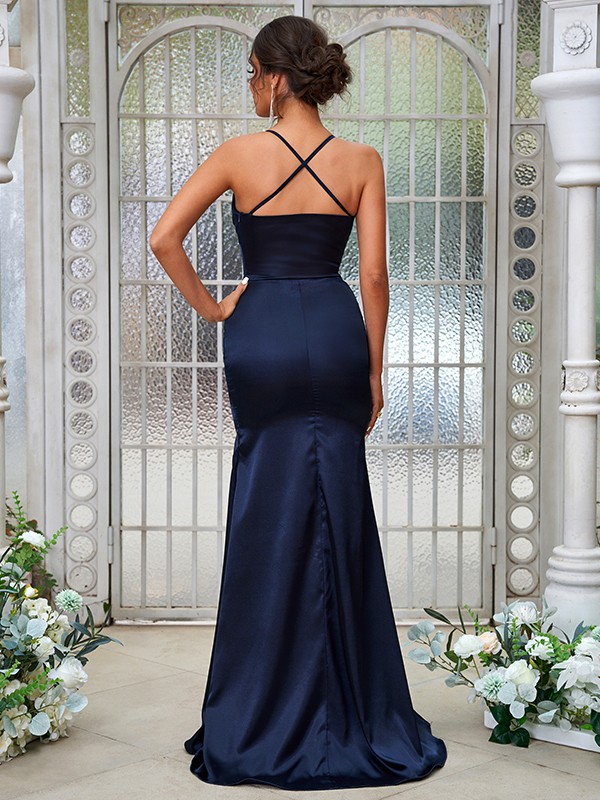 Sheath/Column Elastic Woven Satin Ruched V-neck Sleeveless Sweep/Brush Train Bridesmaid Dresses 2936