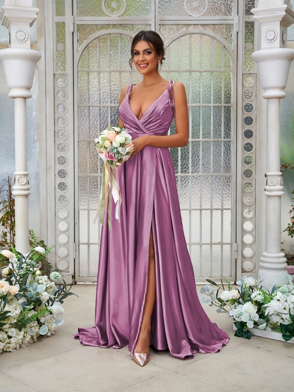 A-Line/Princess Silk like Satin Ruffles V-neck Sleeveless Sweep/Brush Train Bridesmaid Dresses 2494