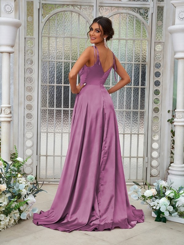 A-Line/Princess Silk like Satin Ruffles V-neck Sleeveless Sweep/Brush Train Bridesmaid Dresses 2494