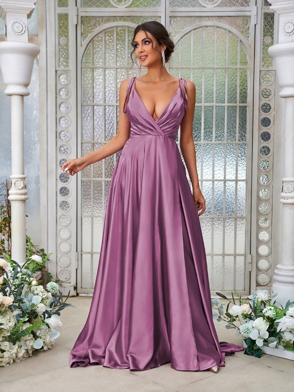 A-Line/Princess Silk like Satin Ruffles V-neck Sleeveless Sweep/Brush Train Bridesmaid Dresses 2494