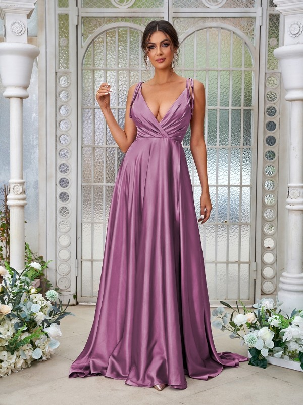 A-Line/Princess Silk like Satin Ruffles V-neck Sleeveless Sweep/Brush Train Bridesmaid Dresses 2494